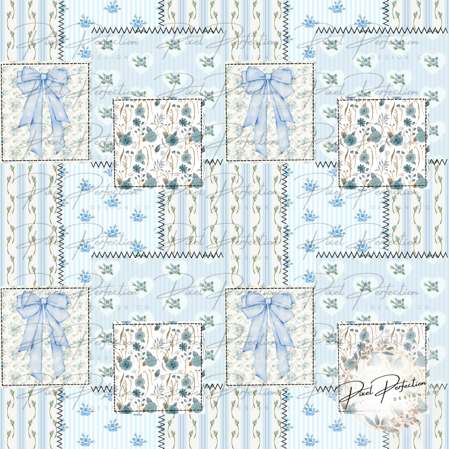 Blue floral quilted patchwork with bow seamless