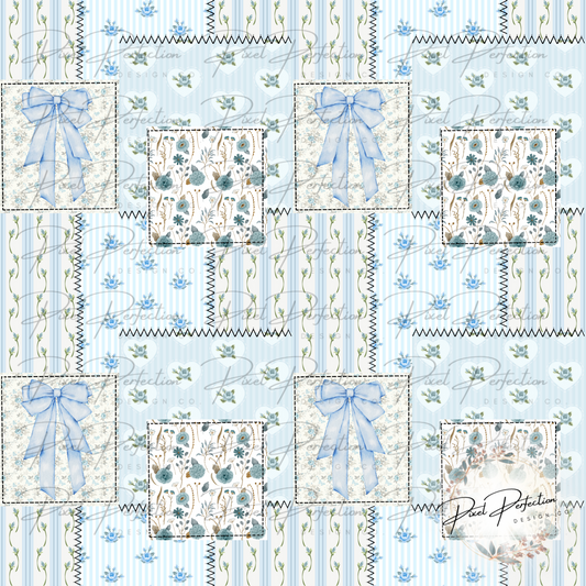 Blue floral quilted patchwork with bow seamless