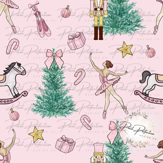 Nutcracker Ballerina Girlie Christmas with Pink background Seamless