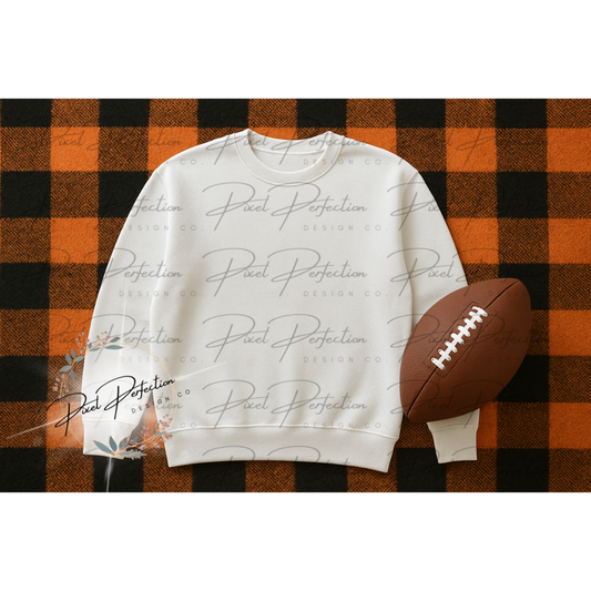 White sweatshirt flat lay with black and orange checkered background with football digital file