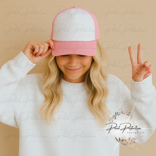 Pink and white trucker hat mockup blonde women neutral background digital file