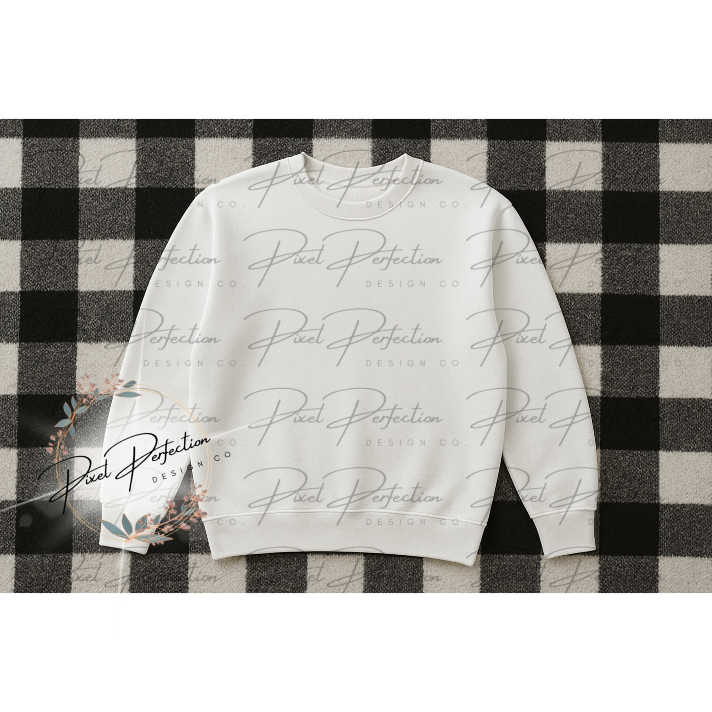 White sweatshirt flat lay with black and white checkered background digital file