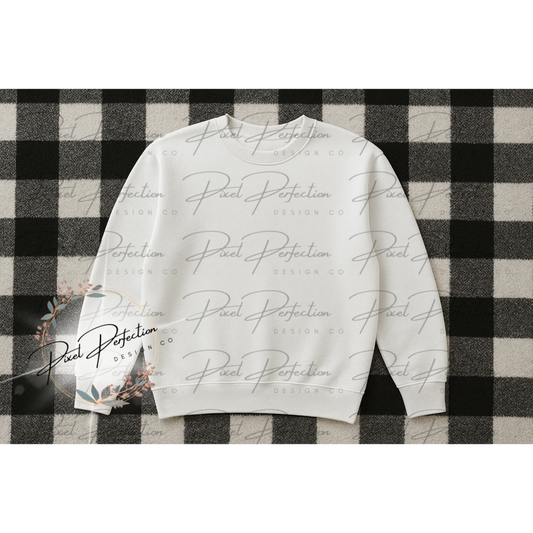 White sweatshirt flat lay with black and white checkered background digital file