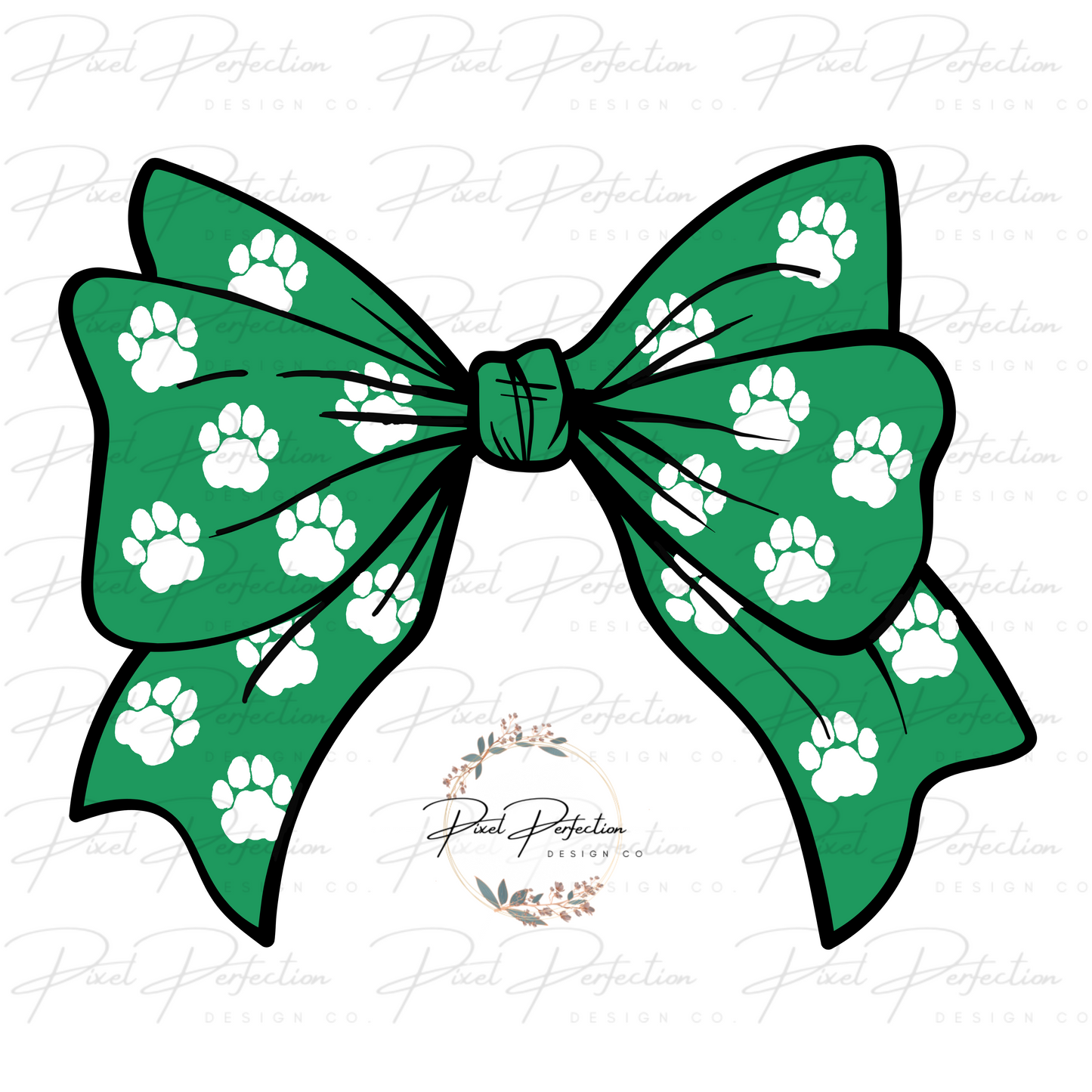Green and white paw print bow png