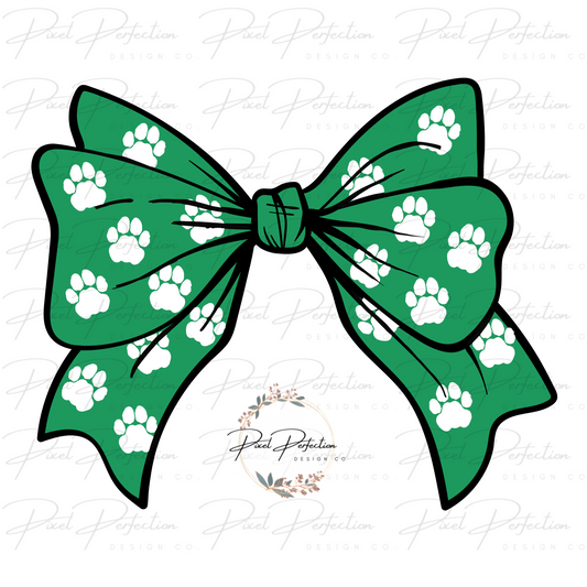 Green and white paw print bow png