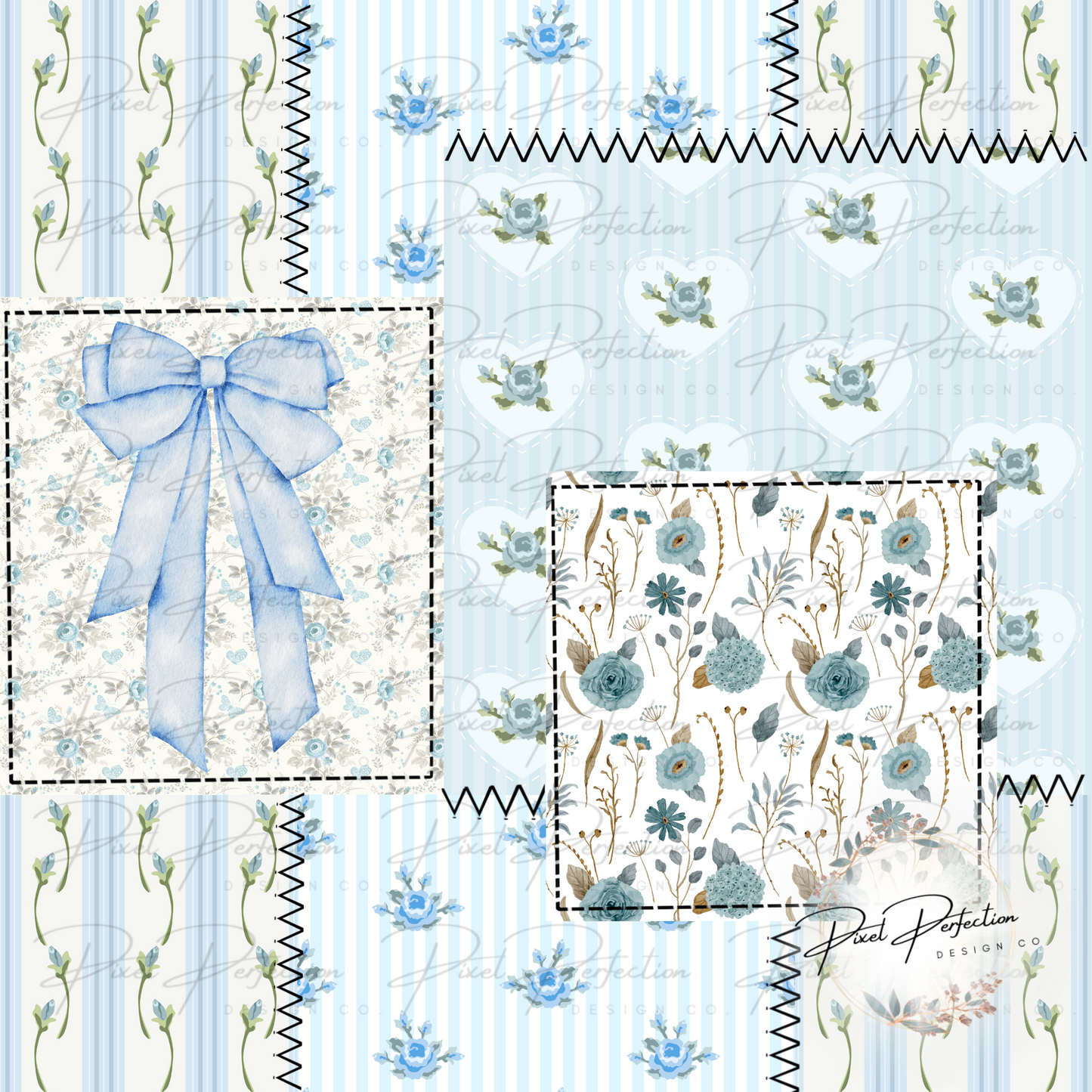 Blue floral quilted patchwork with bow seamless
