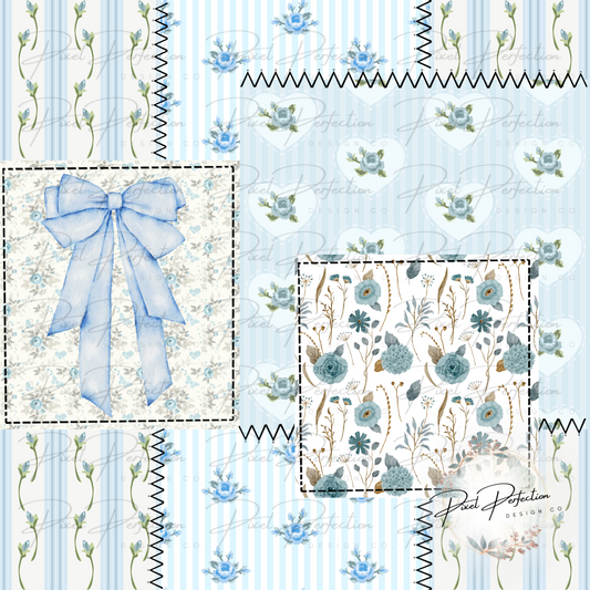 Blue floral quilted patchwork with bow seamless