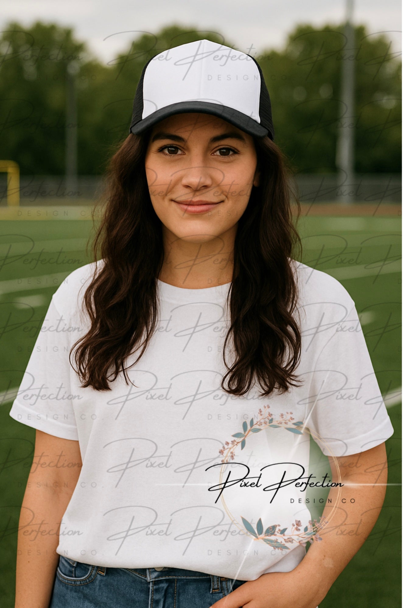 Black and white trucker hat mockup with blank white shirt brunette with a football field backdrop digital file