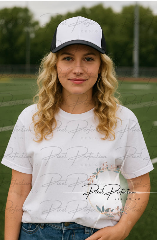 Black and white trucker hat mockup with blank white shirt football field backdrop digital file