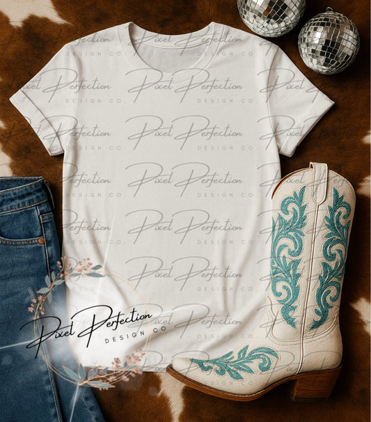 White T-shirt flat lay mock-up with cowgirl boot jeans and disco ball with cowhide background digital file