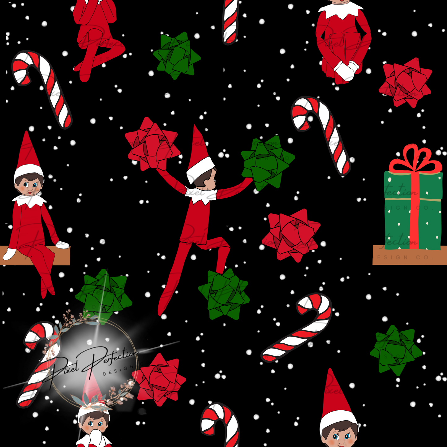 Elf seamless black background with snow