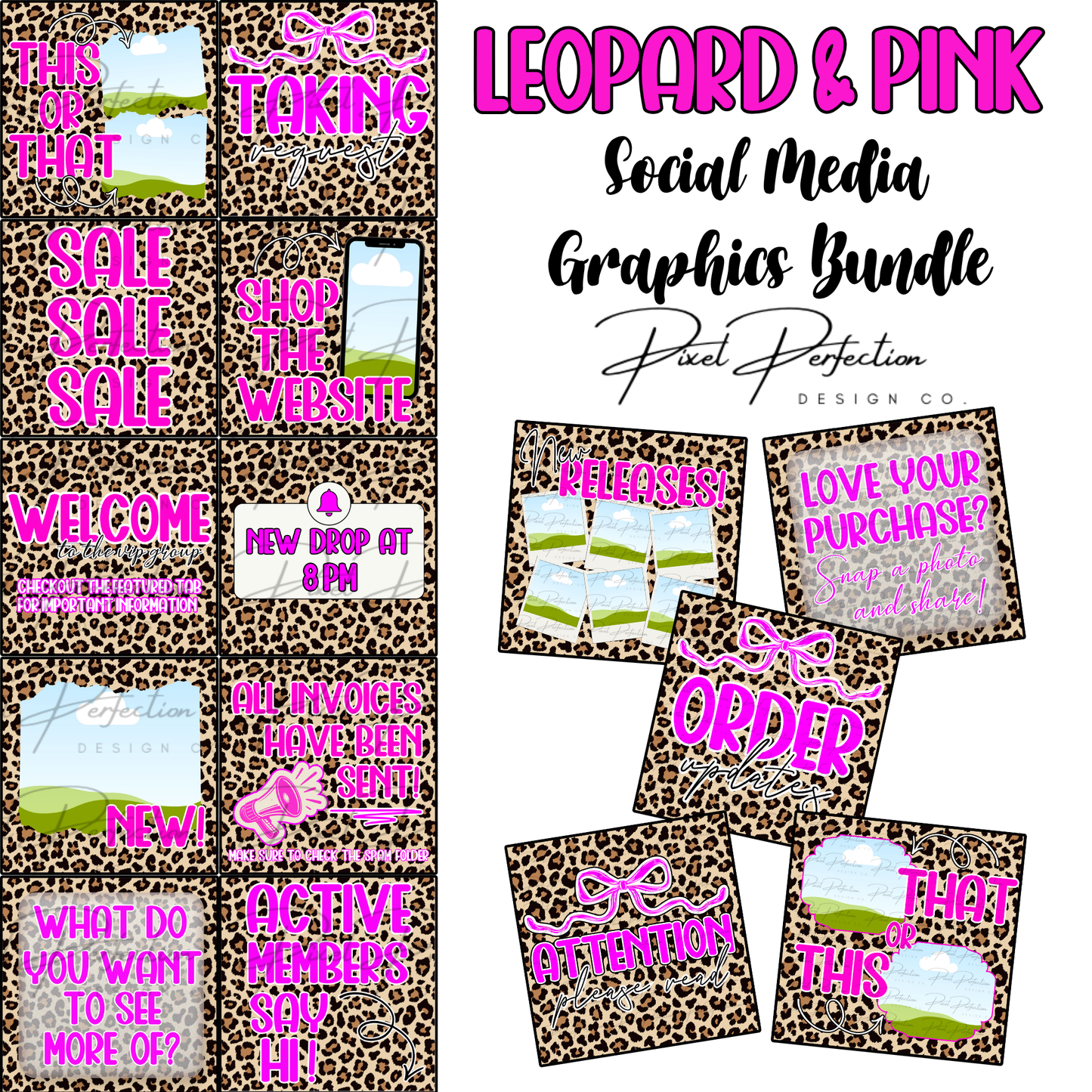 Leopard and pink themed social media graphics bundle Canva template with 15 graphics