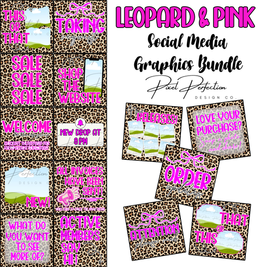 Leopard and pink themed social media graphics bundle Canva template with 15 graphics