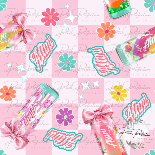 Energy drink Trio girlie pink checkered with flowers seamless