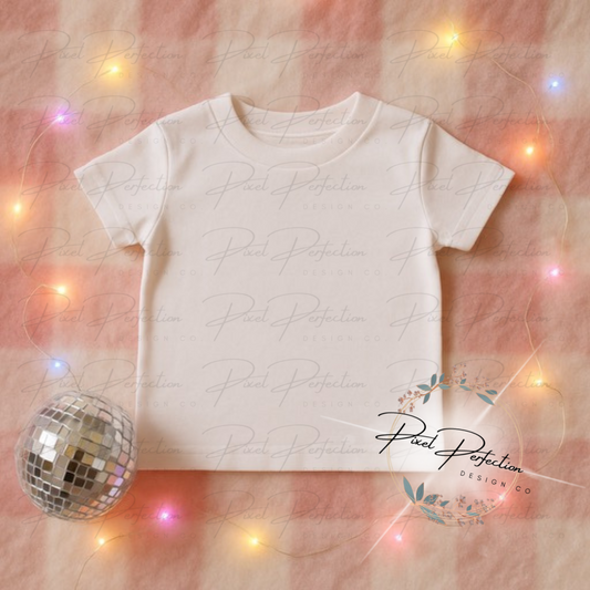 Kids white T-shirt with disco ball and lights on pink and white checkered background digital file