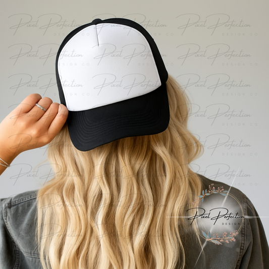 Black and white trucker hat mockup