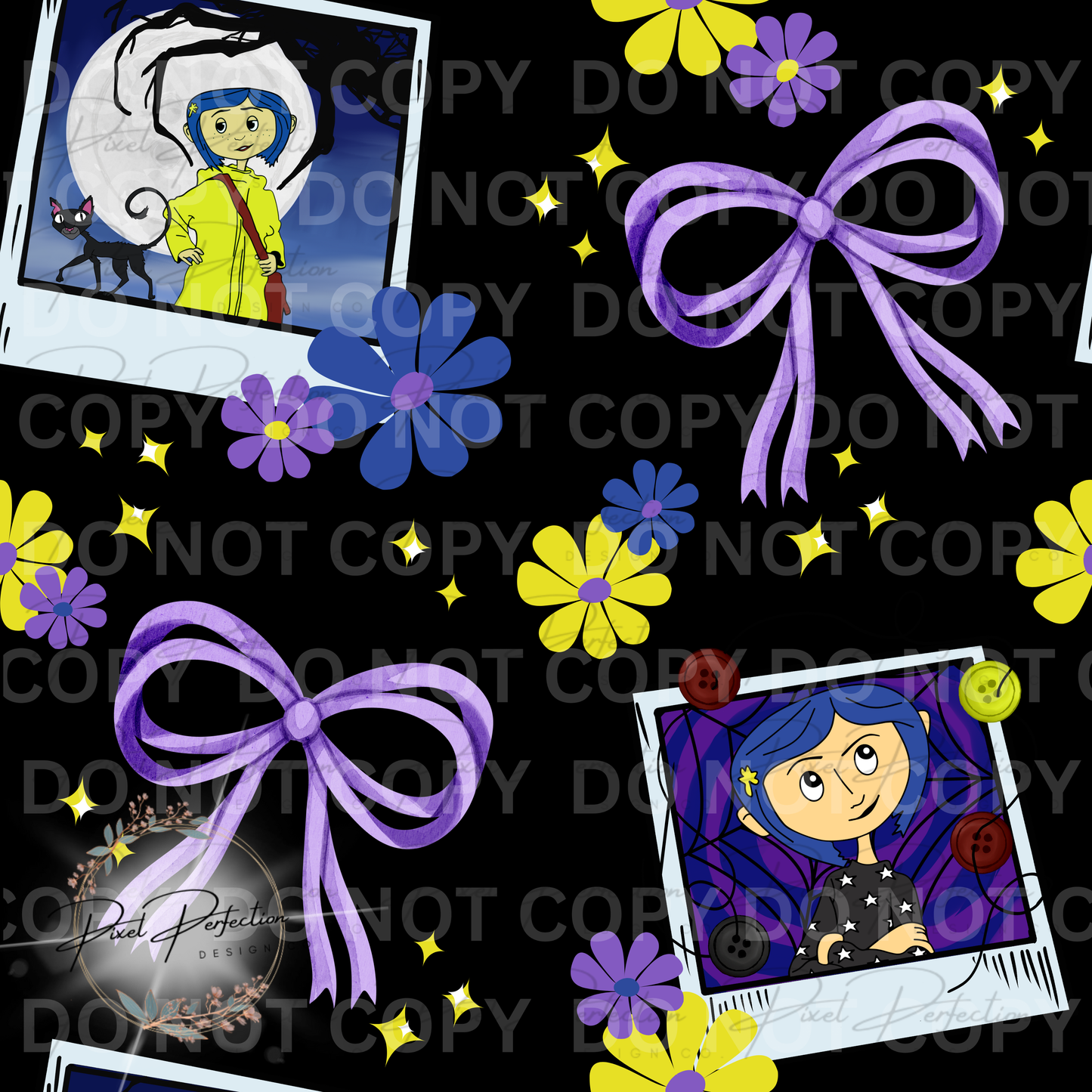 Button eyes Polaroids with bows and flowers seamless