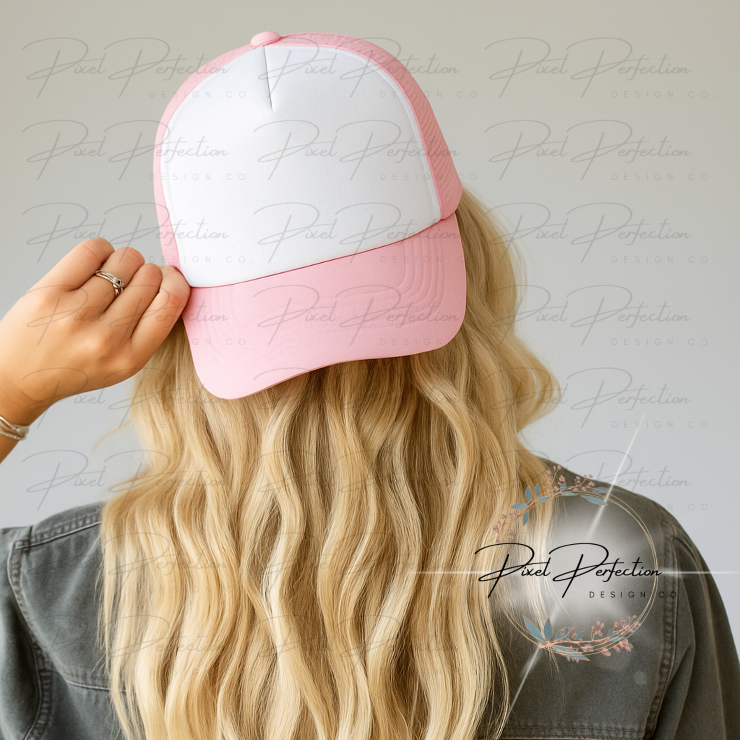 Pink and white trucker hat mockup