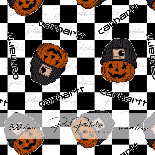 Blue collar boys fall pumpkin and checkered seamless