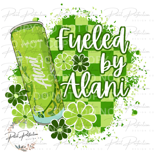 Lime slush Alani fueled by Alani splatter background with flowers
