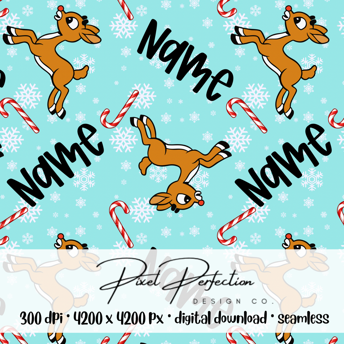Editable name Classic Rudolph with candy cane seamless