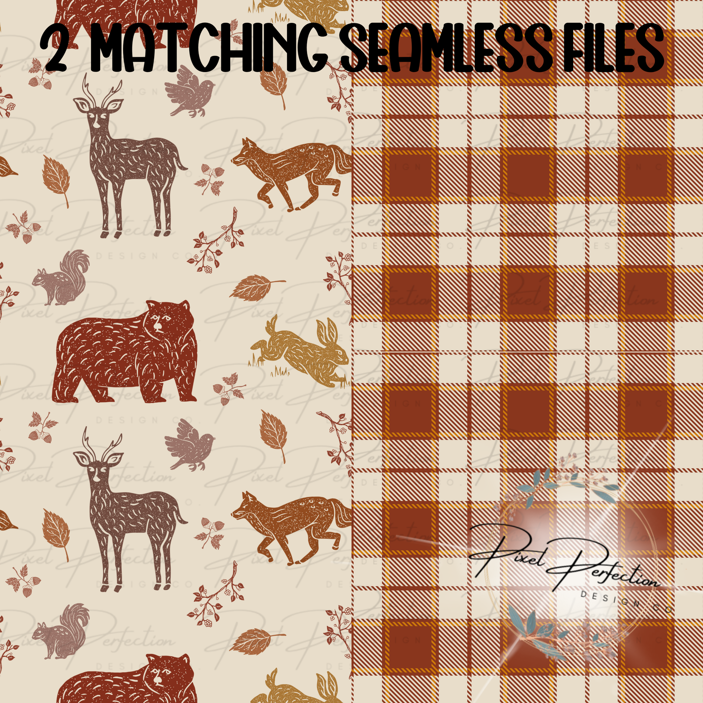 Fall woodland animal leaf seamless with matching plaid seamless