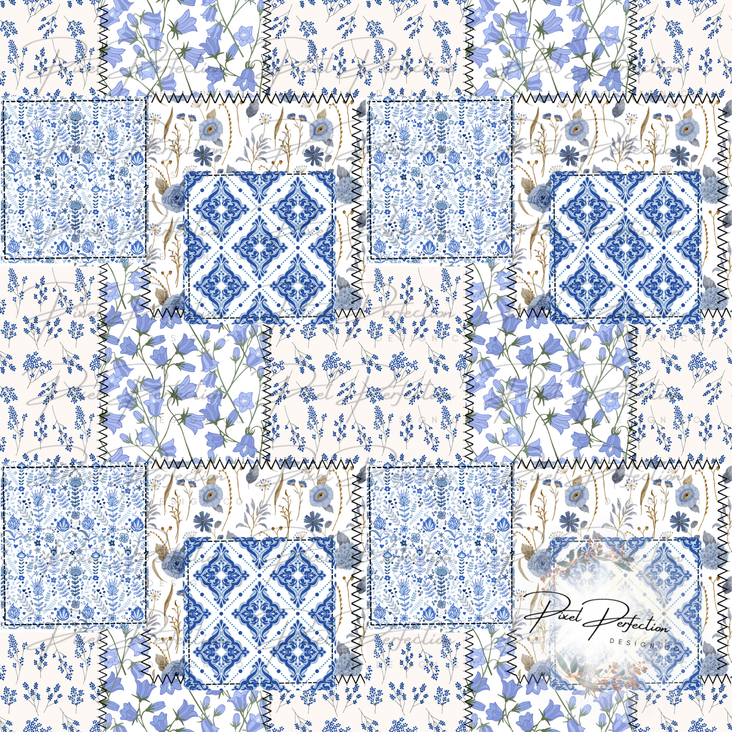 Dark blue floral quilted patchwork seamless