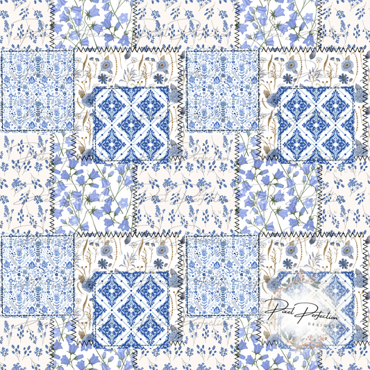 Dark blue floral quilted patchwork seamless