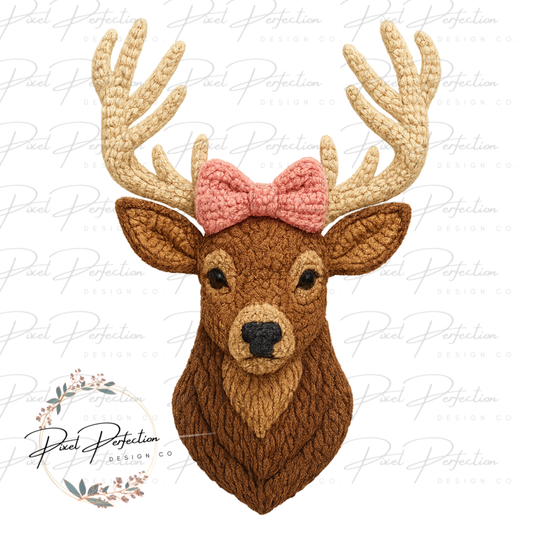 Deer with bow faux crocheted yarn png
