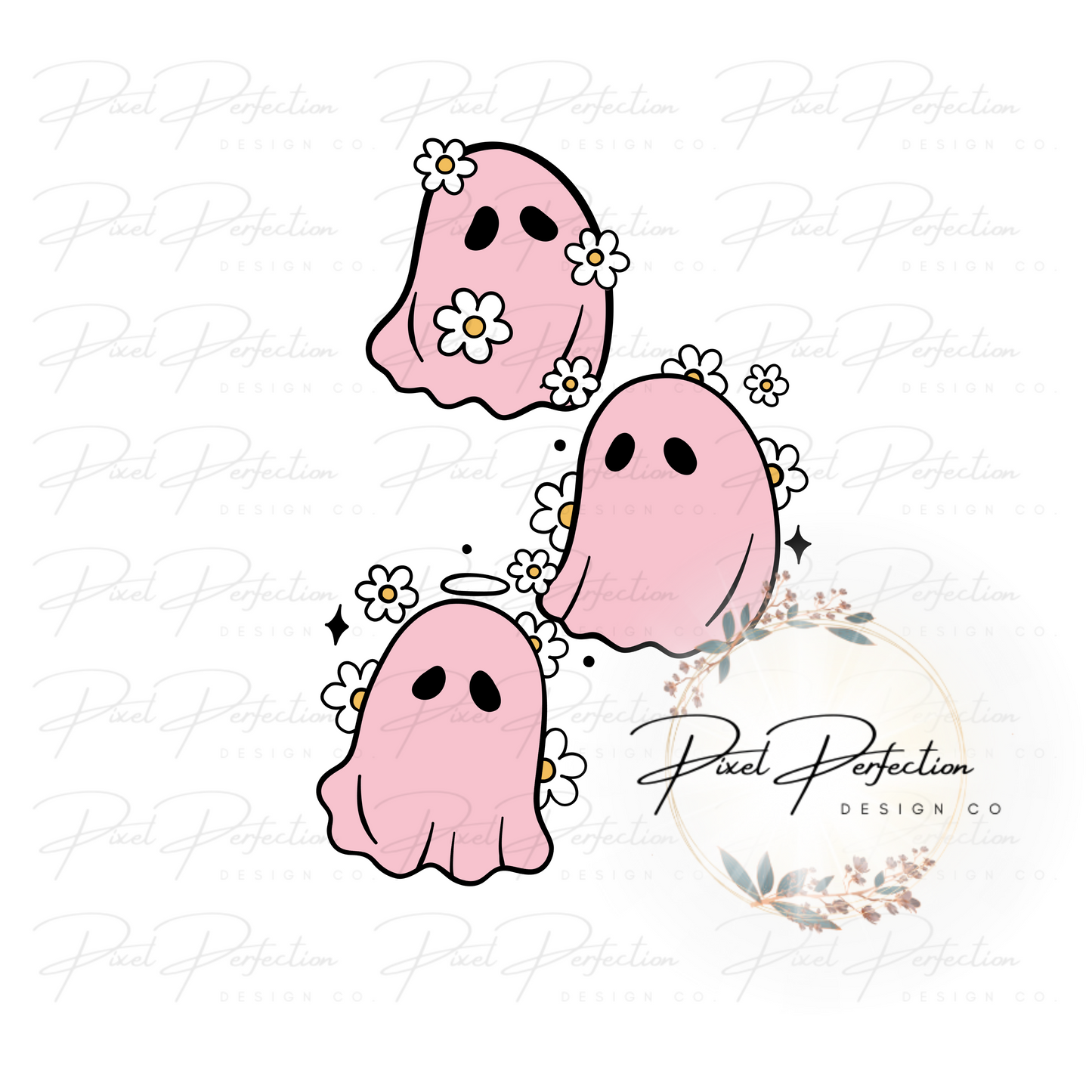 Orange and pink floral ghost Mama with checkered background and matching ghost for sleeve PNG