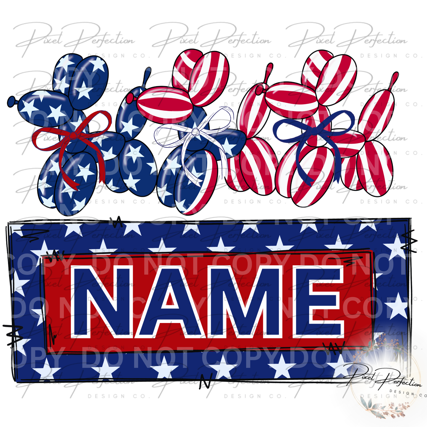 Fourth of July dog balloons with bows name plate png