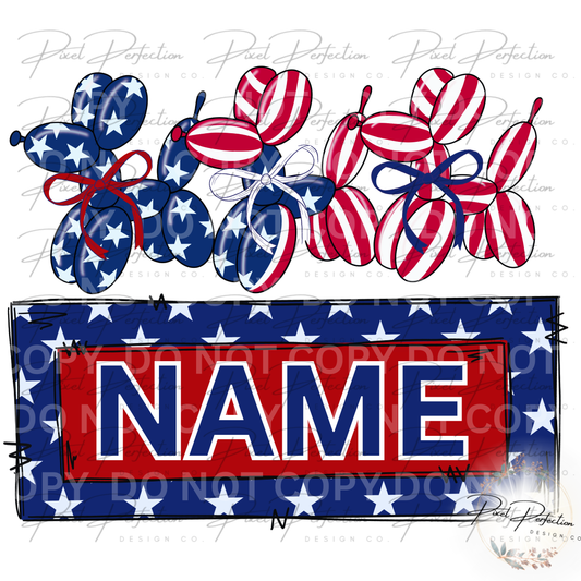 Fourth of July dog balloons with bows name plate png