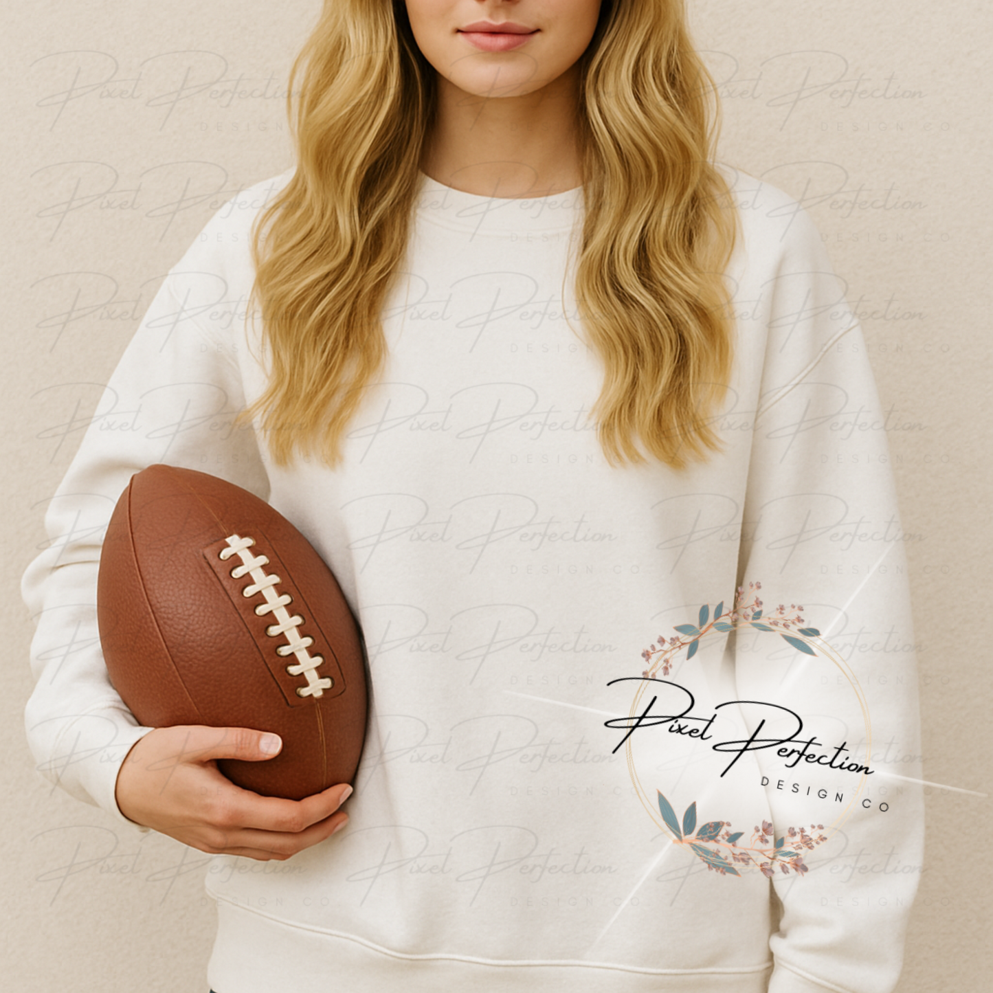 White sweatshirt on women with football withneutral background digital file