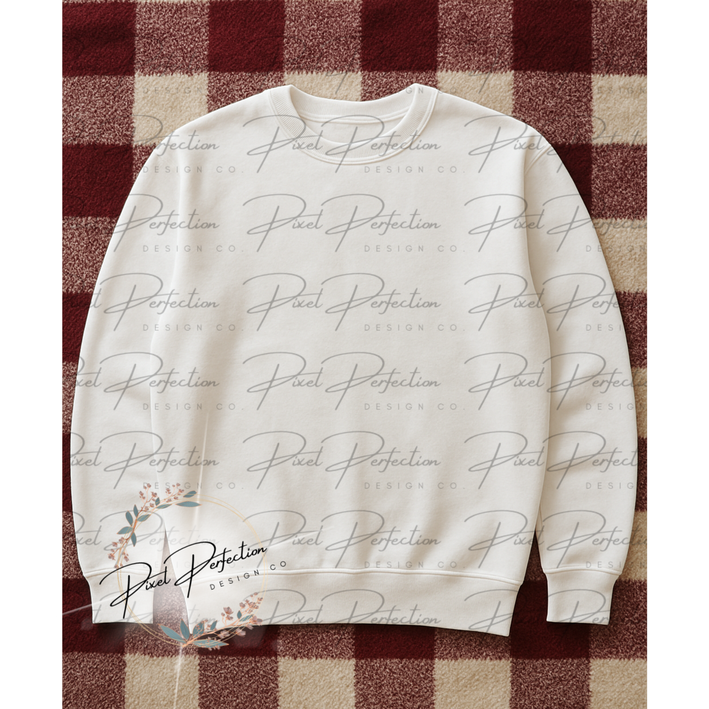 White sweatshirt flat lay with white and burgundy checkered background digital file
