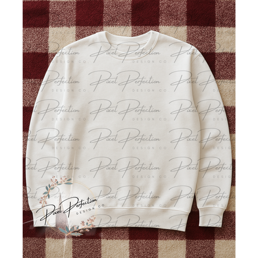 White sweatshirt flat lay with white and burgundy checkered background digital file