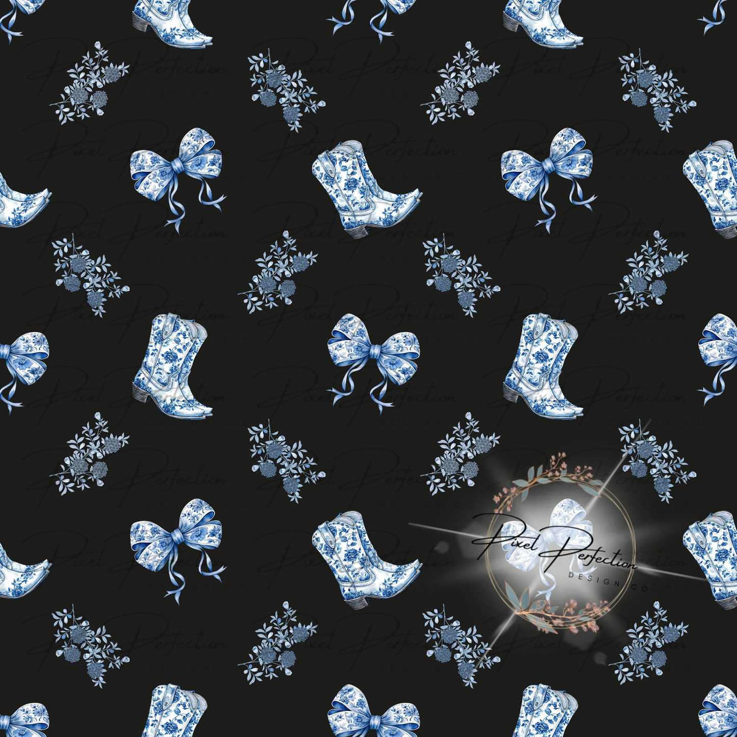 Blue Girly cowgirl boots coquette bow seamless transparent background