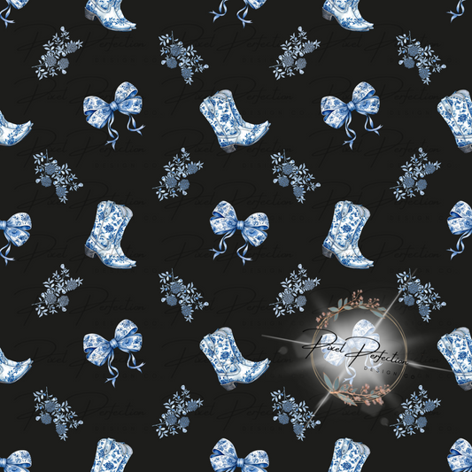 Blue Girly cowgirl boots coquette bow seamless transparent background