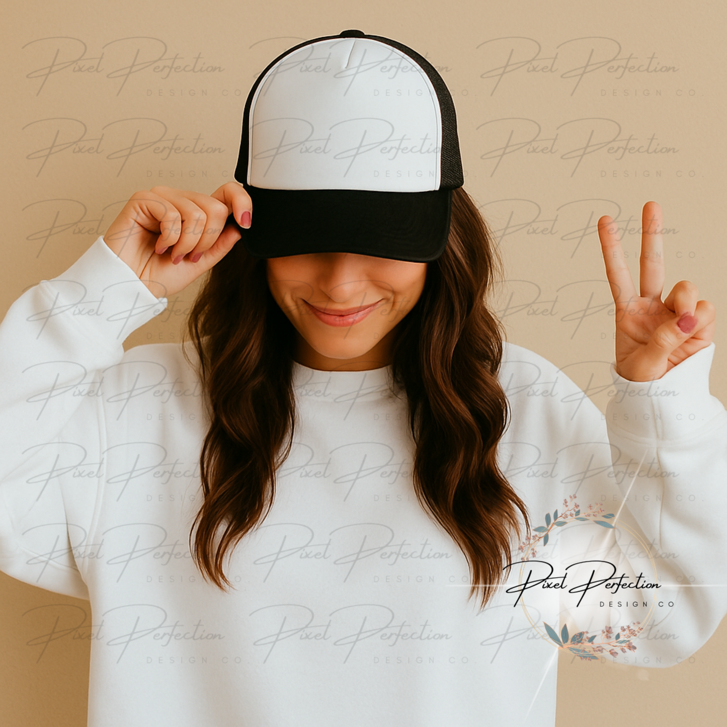 Black and white trucker hat mockup neutral background