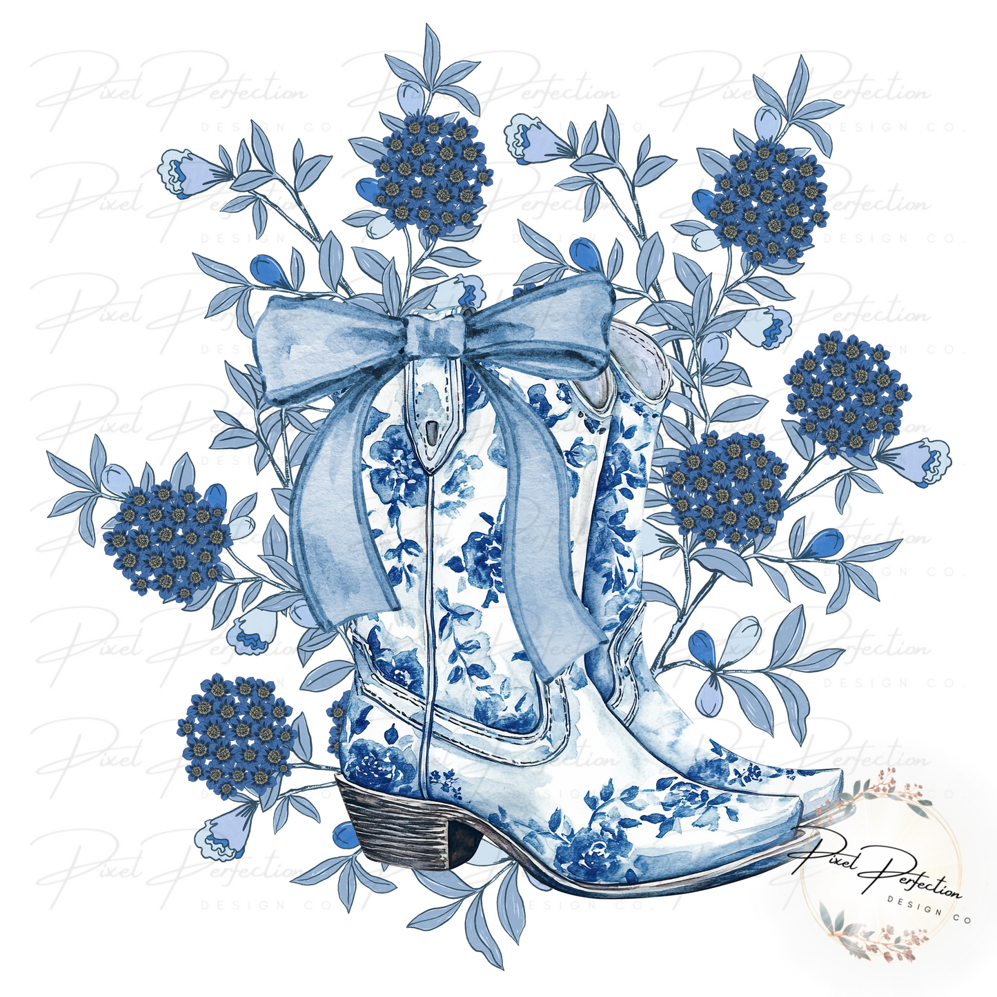 Blue Boots with Bow and Flowers PNG