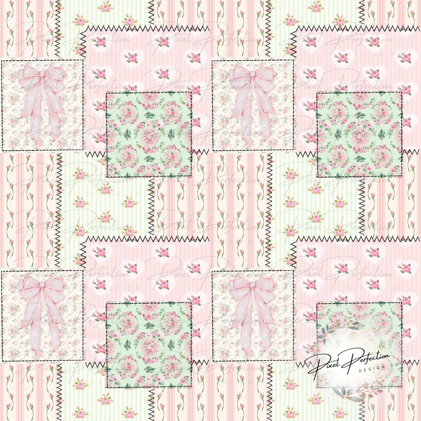 Pink floral quilted patchwork with bow seamless