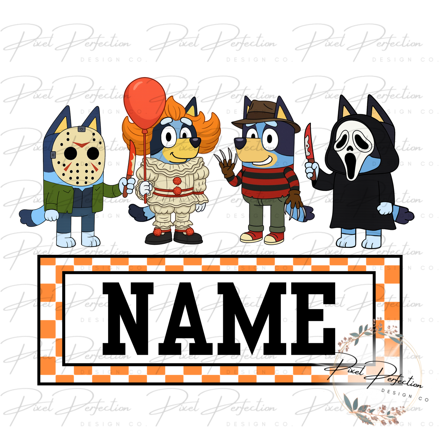 Blue dog Halloween horror name plate (blank fill name in yourself)