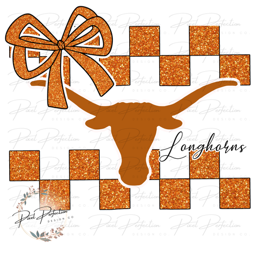 Texas football glitter checkered with mascot and bow png