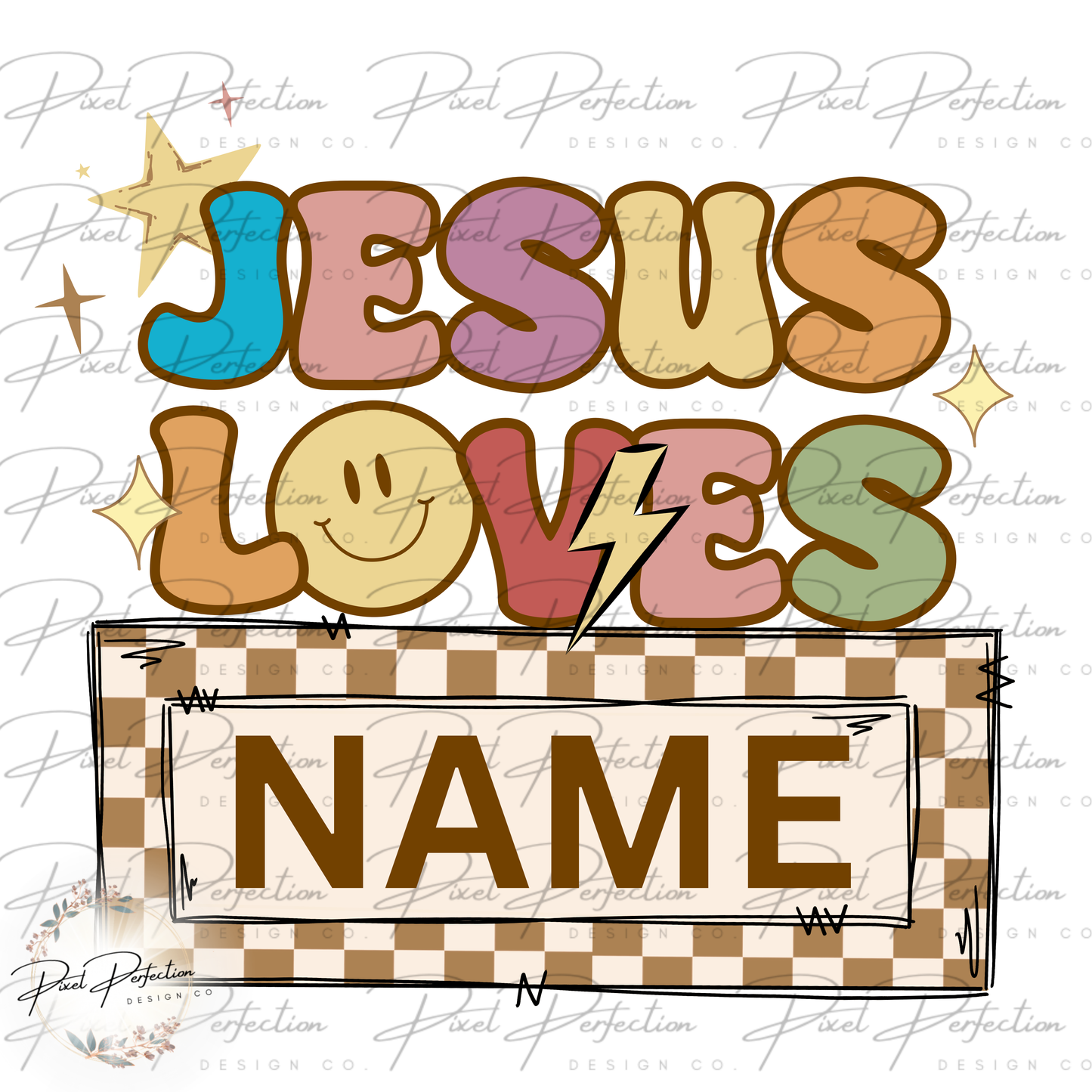 Gender neutral Jesus loves name plate png