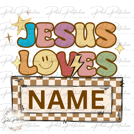Gender neutral Jesus loves name plate png