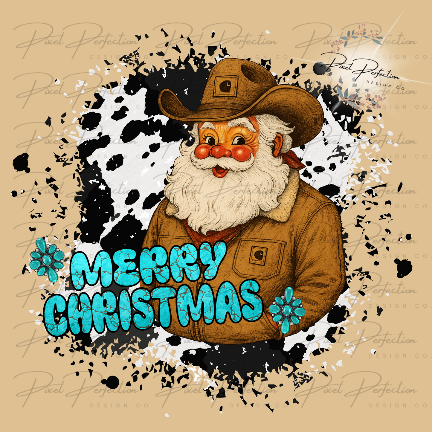 Western merry Christmas blue collar Santa and turquoise PNG