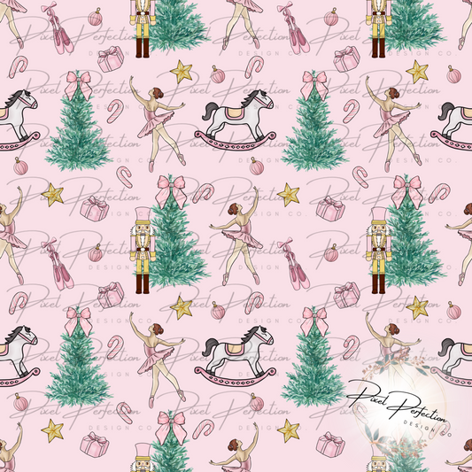 Nutcracker Ballerina Girlie Christmas with Pink background Seamless