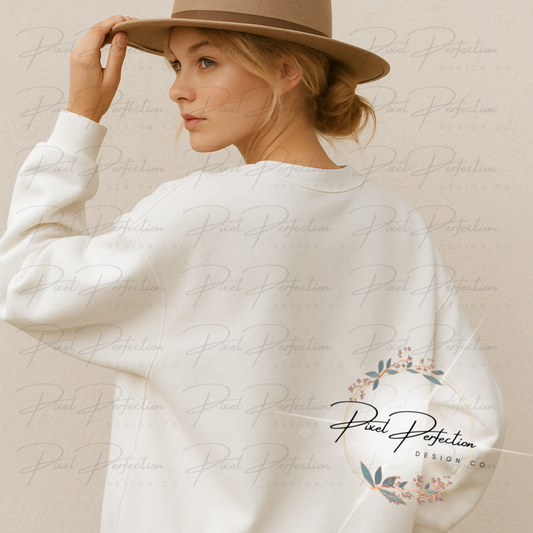 White sweatshirt back on women with hat with neutral background digital file