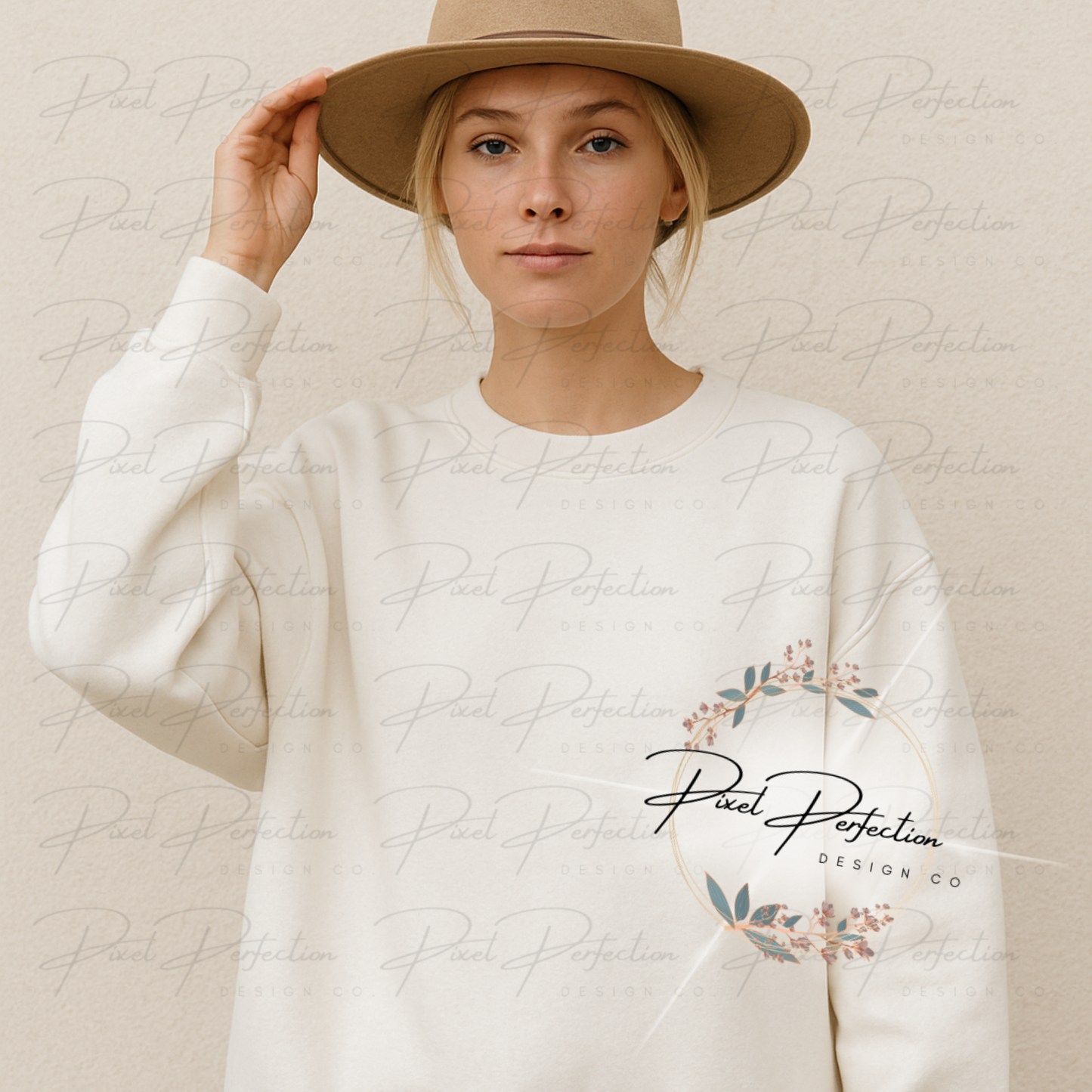 White sweatshirt on women with hat with neutral background digital file