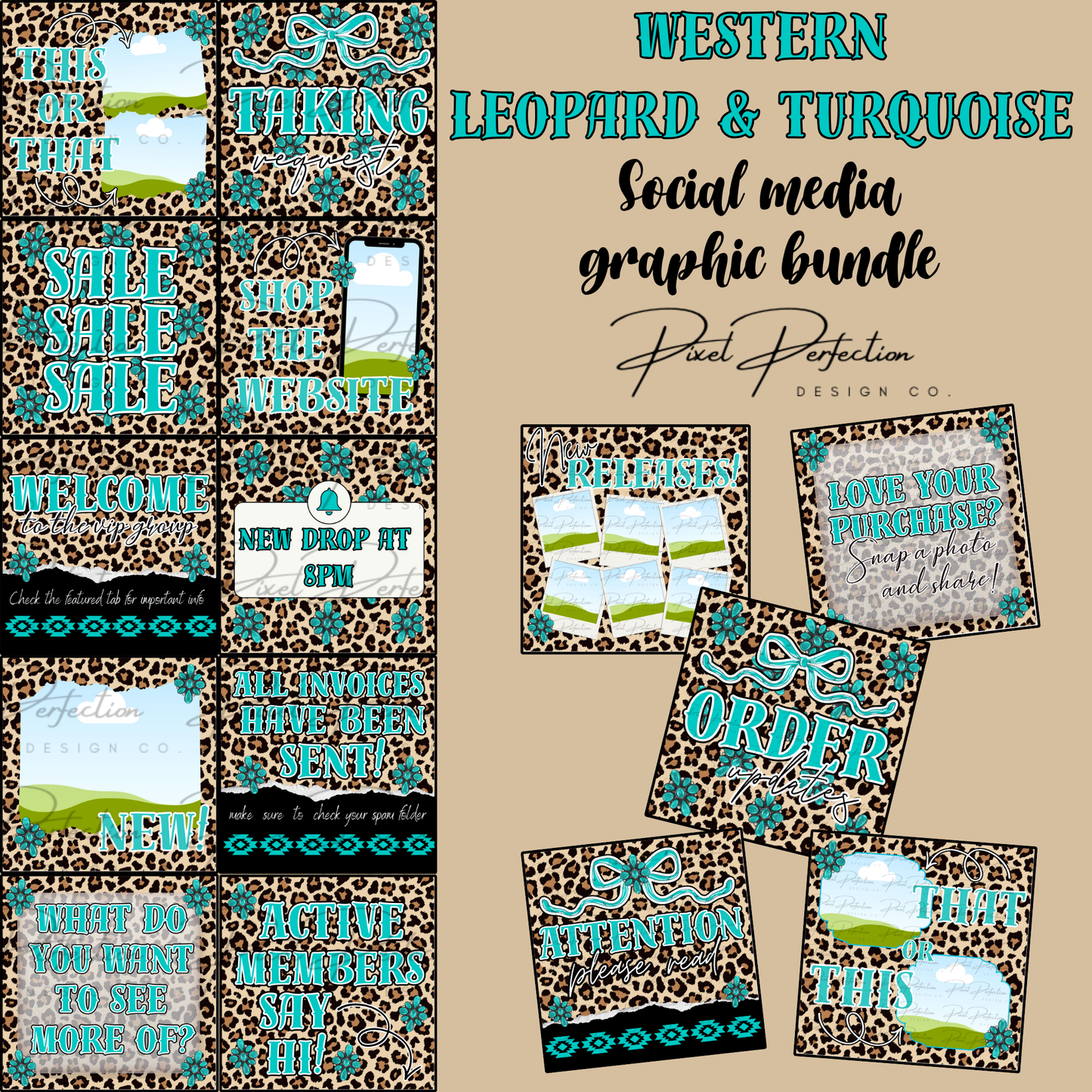 Western Leopard and turquoise themed social media graphics bundle Canva template with 15 graphics