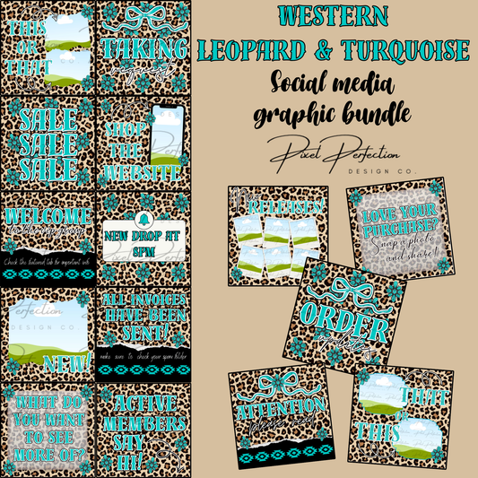 Western Leopard and turquoise themed social media graphics bundle Canva template with 15 graphics